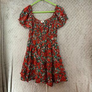 CGYY Womens M Tunic Top Red Floral Cottage Cabin Prairie Ren Faire Puff Sleeve